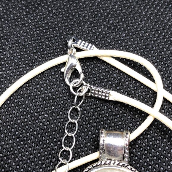 Moonglow Necklace Off White Glass Cabochon Silver Tone Drop Pendant Ivory Cord - Picture 4 of 8